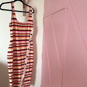 Striped bodycon dress with front side slit and button detail